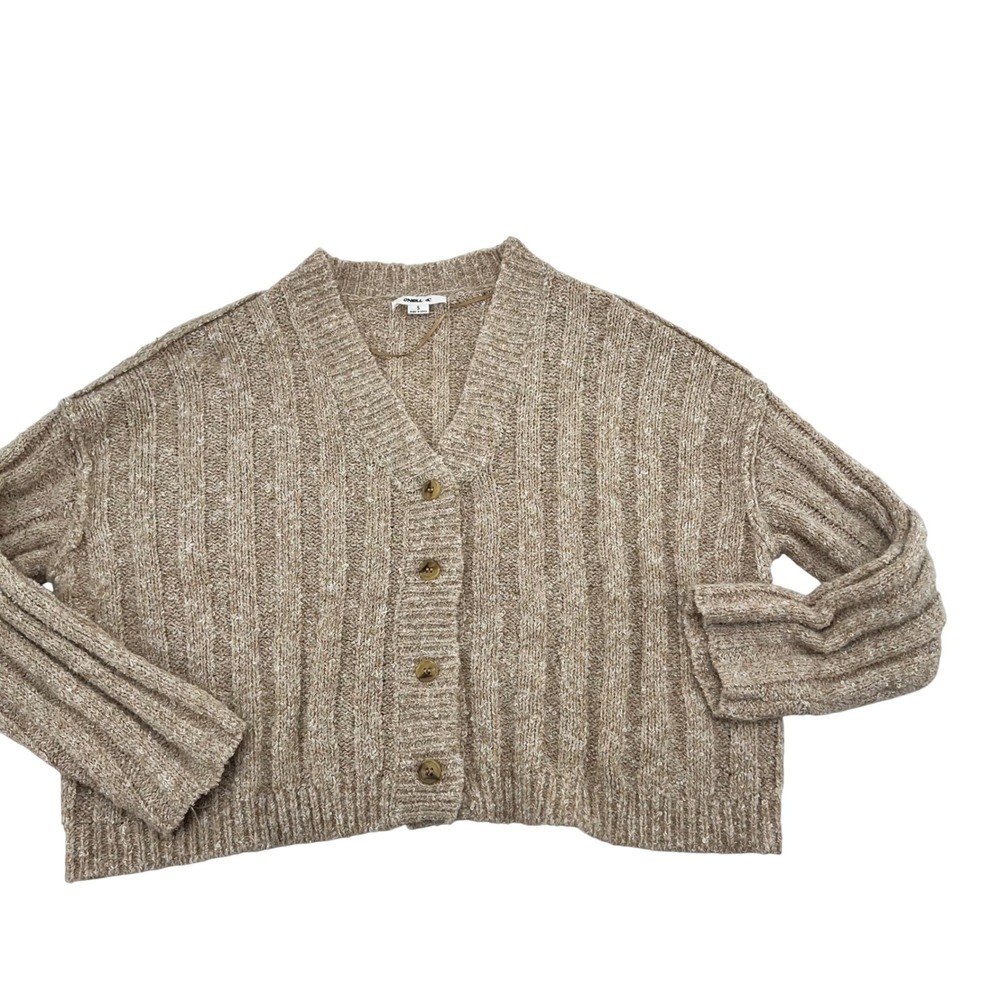 ONeill‎ Womens Tan Marled Ribbed Knit Cropped Cardigan Sweater V-Neck Small